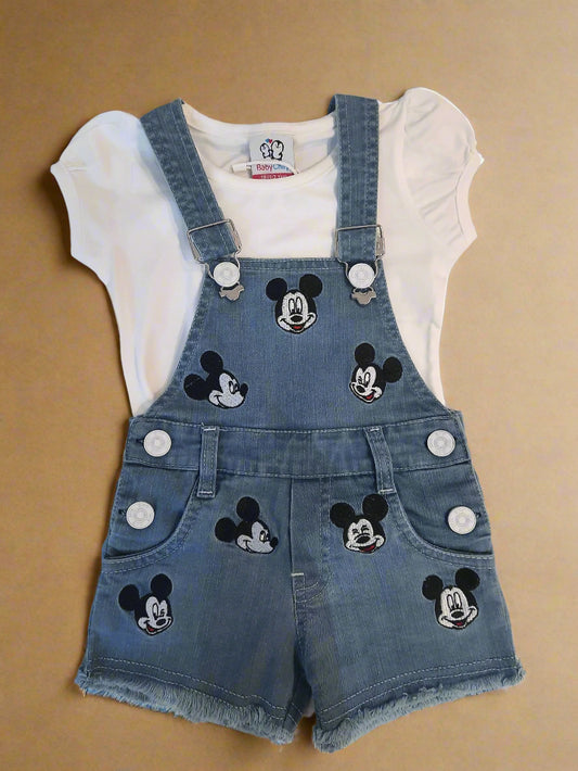 White and Blue Girls Mickey Denim Dungaree Shorts Set with White Cotton Solid T-Shirt Top 2-Piece Set Toddler and Kids Outfit for 1-5 year old girl - BabyChirp