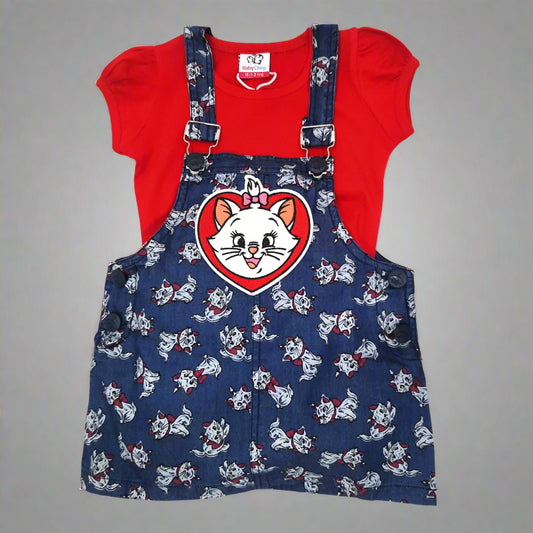 Blue & Red Girl's Kitty Denim Pinafore Dress with Red Top 2 piece Overall Set for 1-7 year old girl - BabyChirp