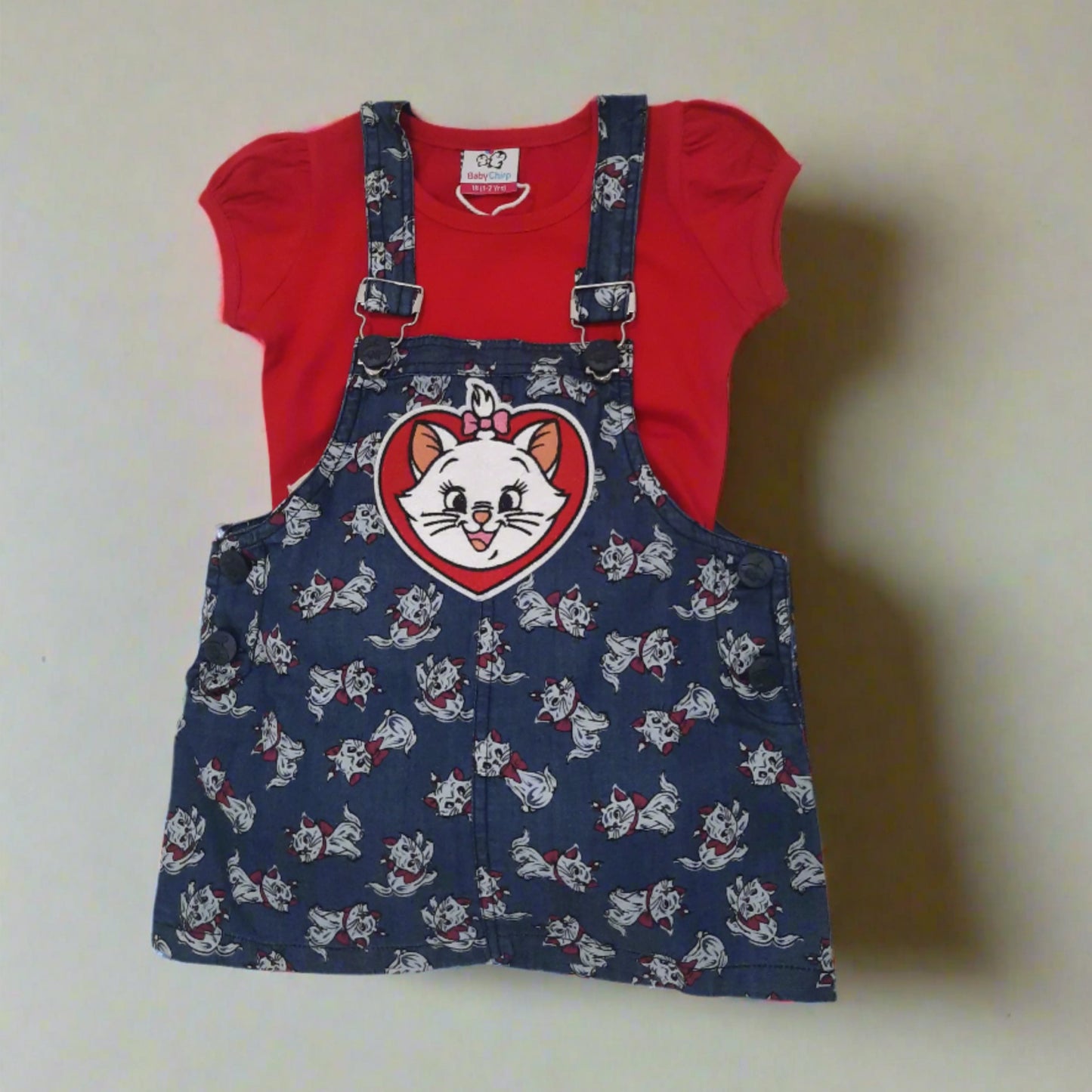 Blue & Red Girl's Kitty Denim Pinafore Dress with Red Top 2 piece Overall Set for 1-7 year old girl - BabyChirp