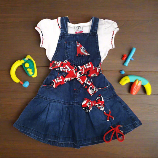 Blue Girls' Denim Dress with White T-Shirt – Stylish 2-Piece Outfit for Toddlers and Kids for 1-7 year old girl - BabyChirp