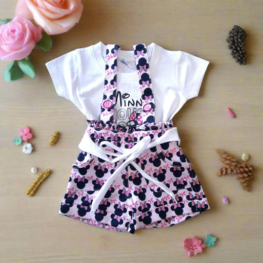 Pink Girl's Minnie Pinafore Dress with White T-shirt 2 Piece Set Overall Set Toddler and Kids for 1-4 year old girl -BabyChirp