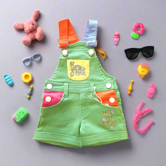 Green Girls' Dungaree Shorts Set with White T-Shirt 2-Piece Summer Outfit for 0–5 Year old girl - BabyChirp