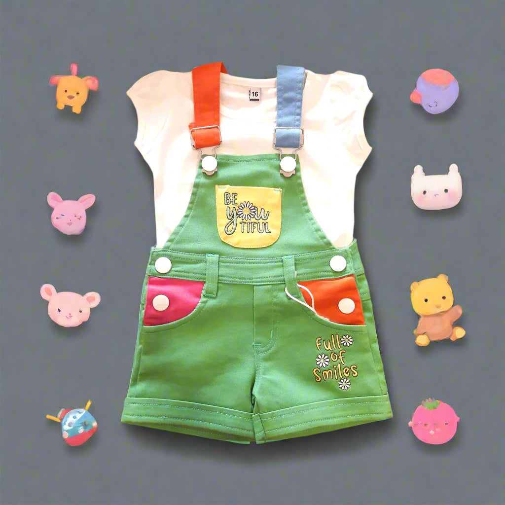 Green Girls' Dungaree Shorts Set with White T-Shirt 2-Piece Summer Outfit for 0–5 Year old girl - BabyChirp