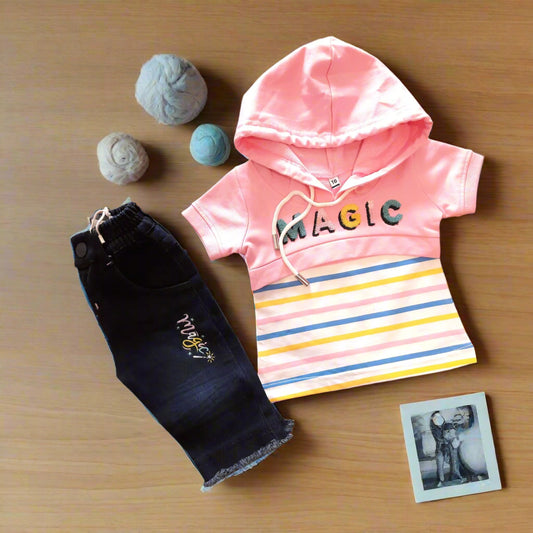 Pink Girl's Magic Cotton Hoodie Top and Denim Jeans Pink & Blue for 1-5 year old girl - BabyChirp