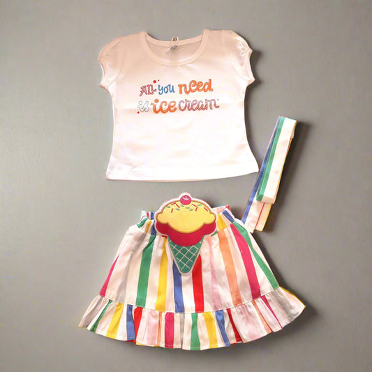 Multicolor Girls Cotton T-Shirt Top & Skirt Set With Icecream Graphics for 0-5 year old girl - BabyChirp