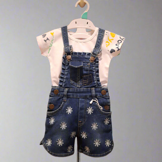 Blue Girls' Denim Dungaree Shorts Set with White Printed T-Shirt 2-Piece Summer Outfit for 1–7 Years old girl - BabyChirp