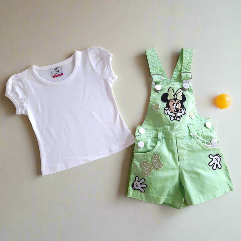 Green and White Girl's Minnie Cotton Dungaree Shorts Set with White Top 2 piece Overall Set for 1-6 years old girl -BabyChirp