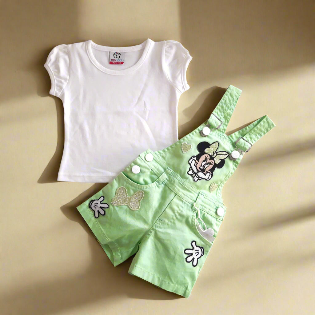 Green and White Girl's Minnie Cotton Dungaree Shorts Set with White Top 2 piece Overall Set for 1-6 years old girl -BabyChirp