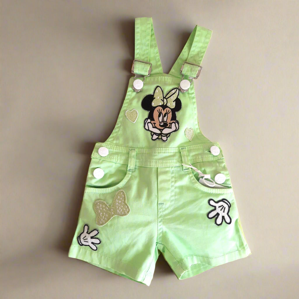 Green and White Girl's Minnie Cotton Dungaree Shorts Set with White Top 2 piece Overall Set for 1-6 years old girl -BabyChirp