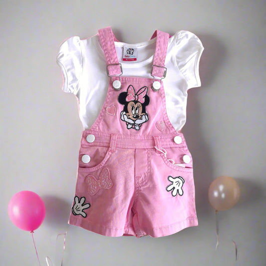 Pink & White Girl's Minnie Cotton Dungaree Shorts Set with White Top 2 piece Overall Set for 1-6 years old girl- BabyChirp