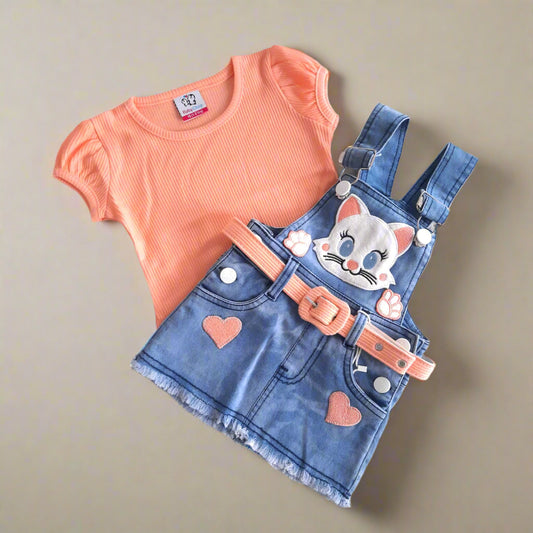 Peach Girl's Kitty Denim Pinafore Dress with Peach Top 2 piece Overall Set for 1-6 years old girl - BabyChirp