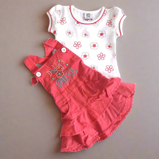 Peach Girls' Cotton Daddy' Girl Frock with White Floral Top and Leggings 3-Piece Outfit for Toddlers and Kids for 1-7 year old girl - BabyChirp