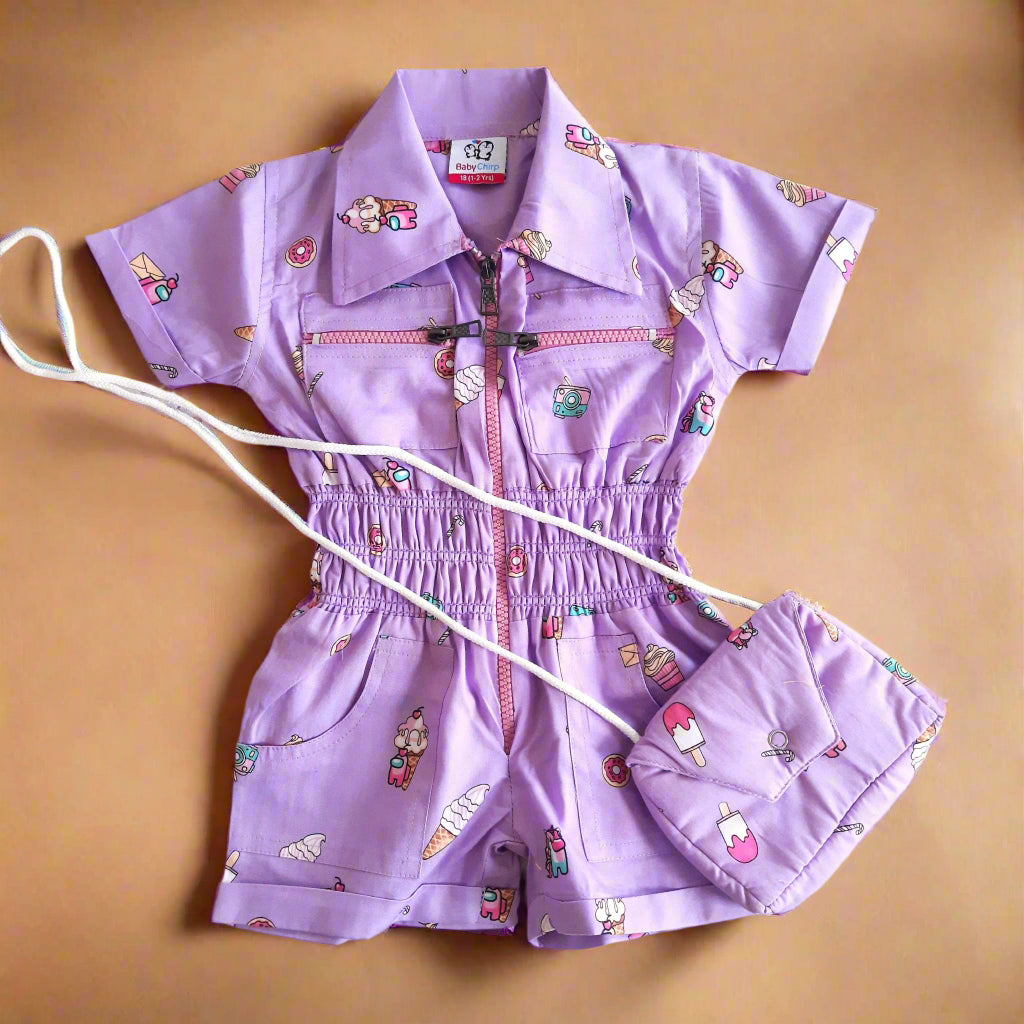 Purple Girls Playful Pure Cotton Jumpsuit with Cute Stylish Purse for 1-7 year old girl- BabyChirp