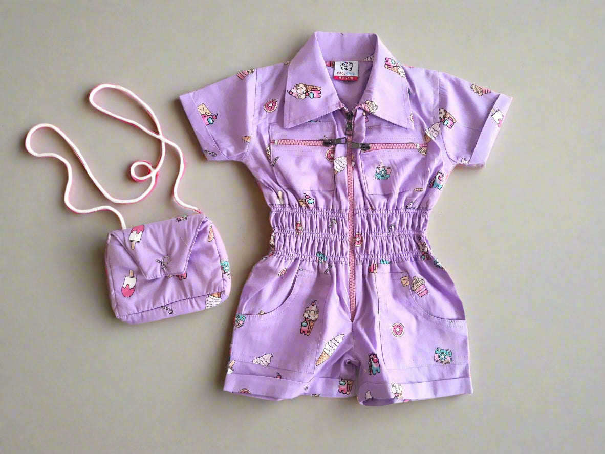 Purple Girls Playful Pure Cotton Jumpsuit with Cute Stylish Purse for 1-7 year old girl- BabyChirp