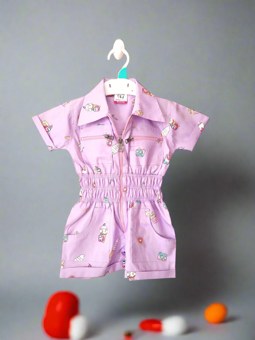 Purple Girls Playful Pure Cotton Jumpsuit with Cute Stylish Purse for 1-7 year old girl- BabyChirp