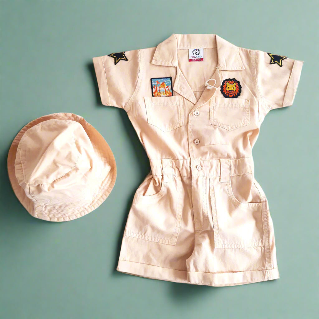 Beige Girls Jungle Safari Pure Cotton Jumpsuit with Hat Overall Dress for 1-7 year old girl-BabyChirp