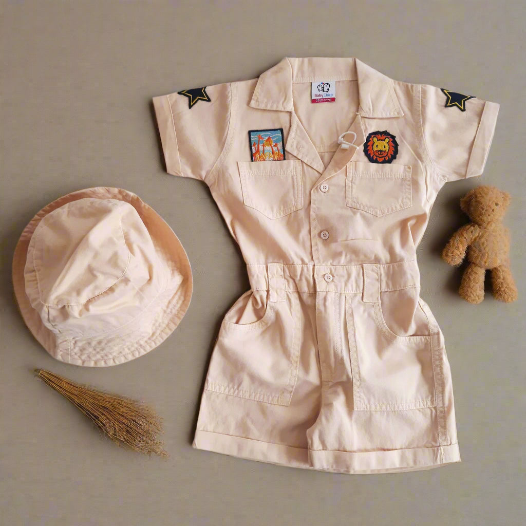 Beige Girls Jungle Safari Pure Cotton Jumpsuit with Hat Overall Dress for 1-7 year old girl-BabyChirp