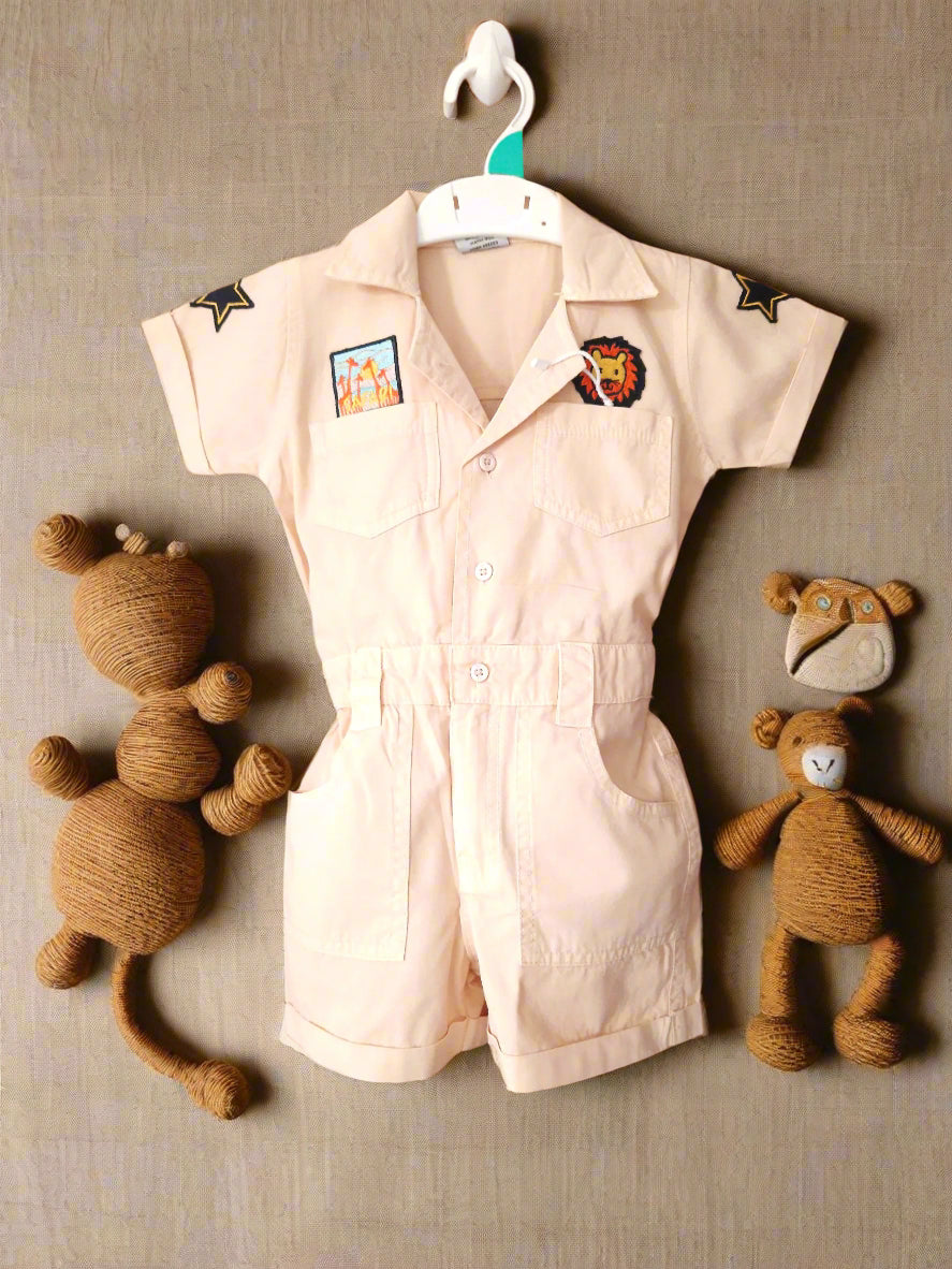 Beige Girls Jungle Safari Pure Cotton Jumpsuit with Hat Overall Dress for 1-7 year old girl-BabyChirp