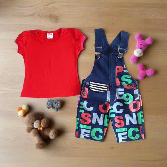 Blue & Red Girl's Denim Dungaree Set with Red Top 2 piece Overall Set for 1-6 year old girl - BabyChirp