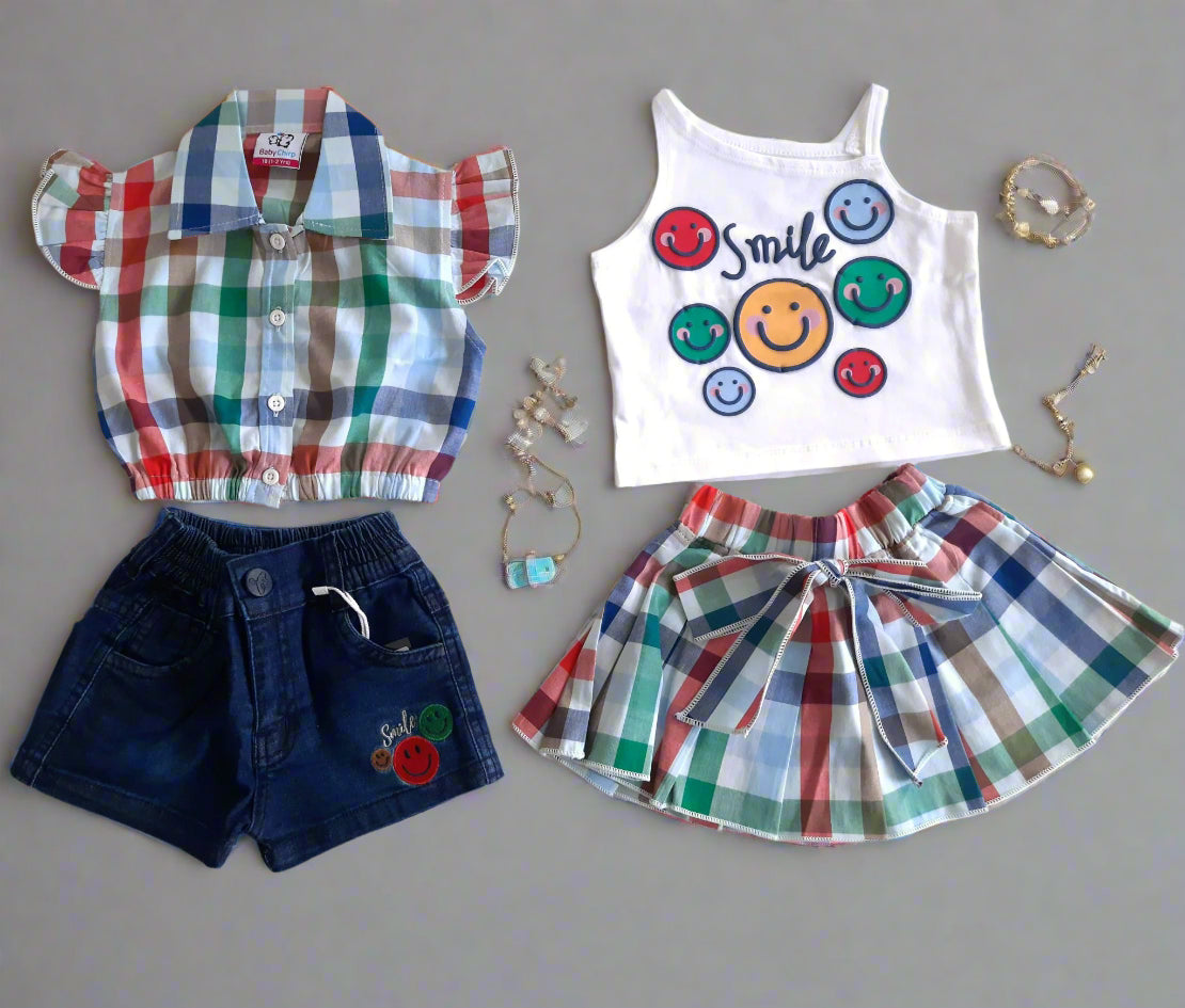 White & Blue Girl's Denim Shorts Set and Cotton Skirt Set 4 piece Overall Set 1-7 years - BabyChirp