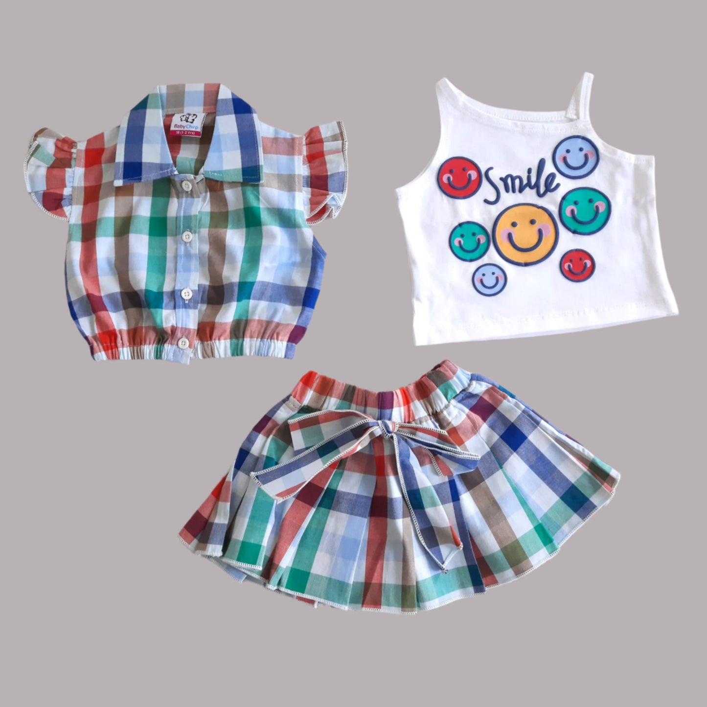 White & Blue Girl's Denim Shorts Set and Cotton Skirt Set 4 piece Overall Set 1-7 years - BabyChirp