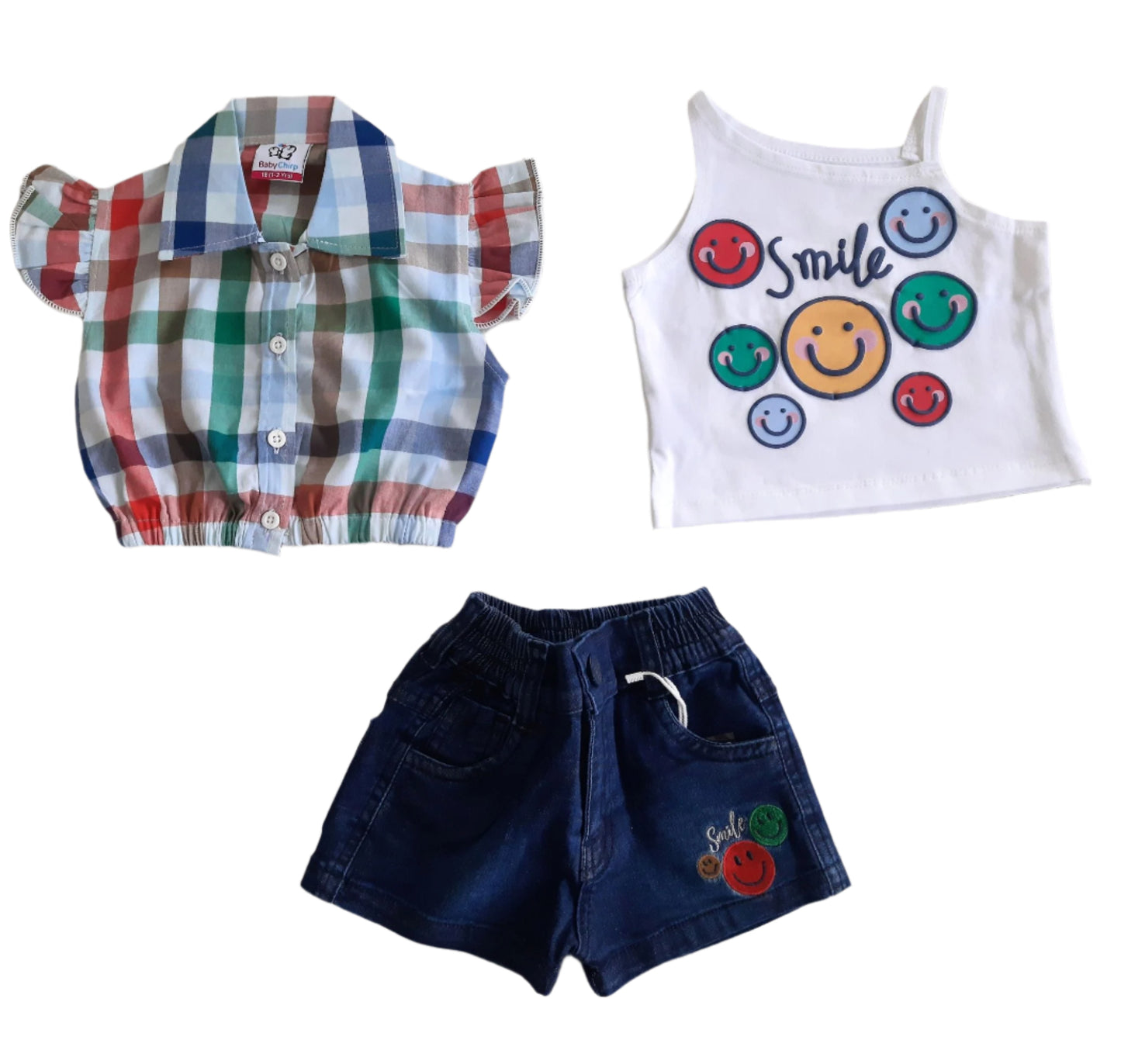 White & Blue Girl's Denim Shorts Set and Cotton Skirt Set 4 piece Overall Set 1-7 years - BabyChirp