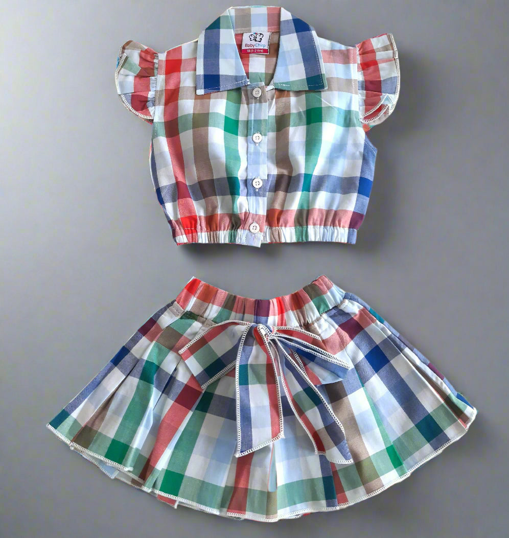 White & Blue Girl's Denim Shorts Set and Cotton Skirt Set 4 piece Overall Set 1-7 years - BabyChirp