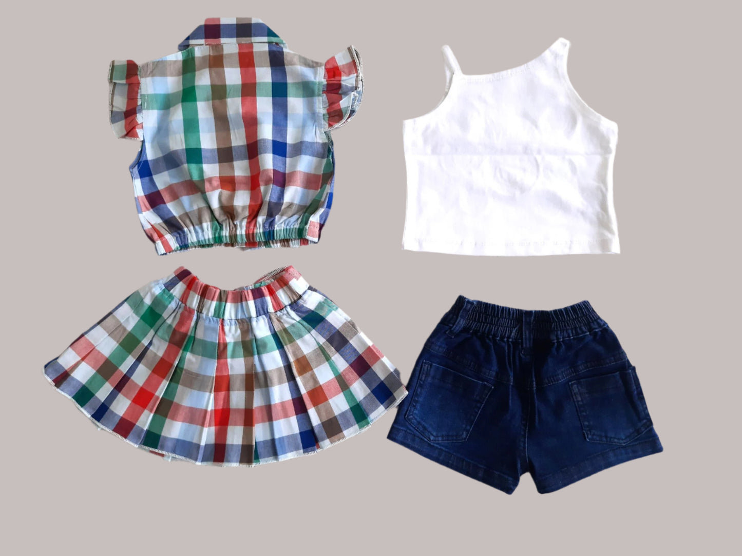 White & Blue Girl's Denim Shorts Set and Cotton Skirt Set 4 piece Overall Set 1-7 years - BabyChirp