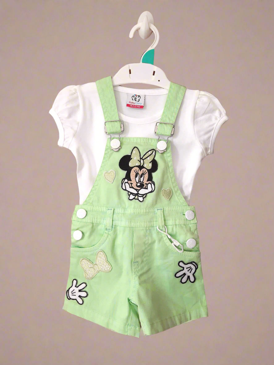 Green and White Girl's Minnie Cotton Dungaree Shorts Set with White Top 2 piece Overall Set for 1-6 years old girl -BabyChirp