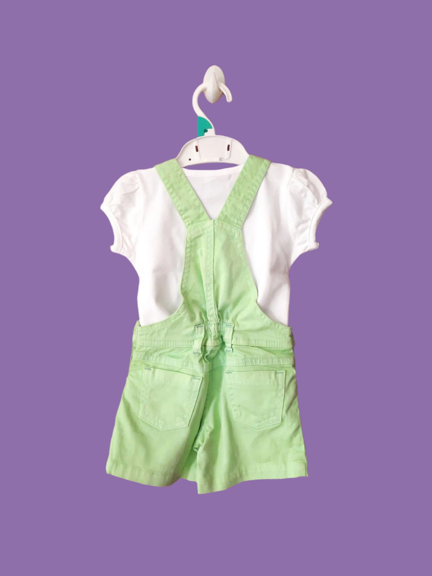 Green and White Girl's Minnie Cotton Dungaree Shorts Set with White Top 2 piece Overall Set for 1-6 years old girl -BabyChirp