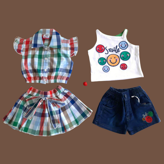 BabyChirp Girls 4-Piece Denim Shorts & Cotton Skirt Set with Tops – Overall Outfit Combo in White & Blue (1–7 Years)