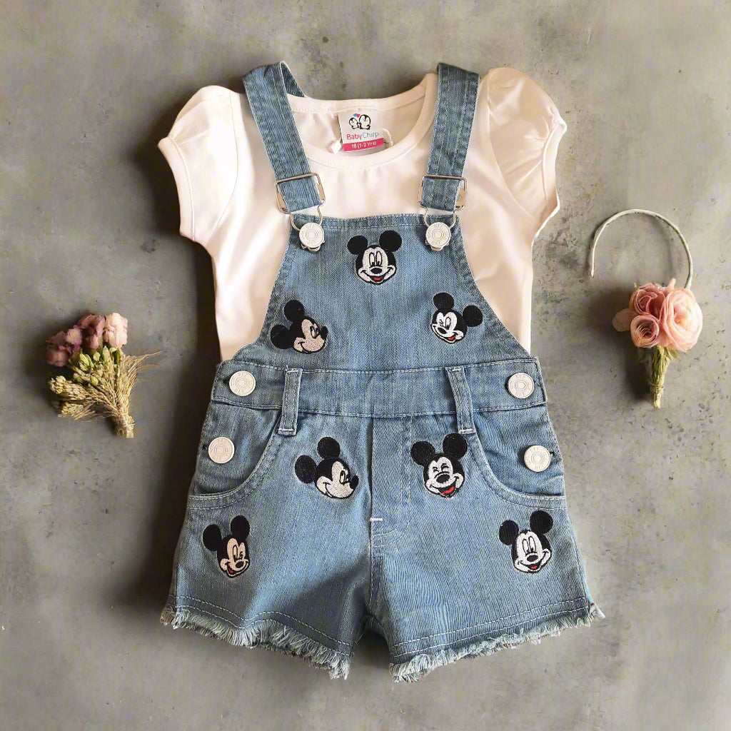 White and Blue Girls Mickey Denim Dungaree Shorts Set with White Cotton Solid T-Shirt Top 2-Piece Set Toddler and Kids Outfit for 1-5 year old girl - BabyChirp