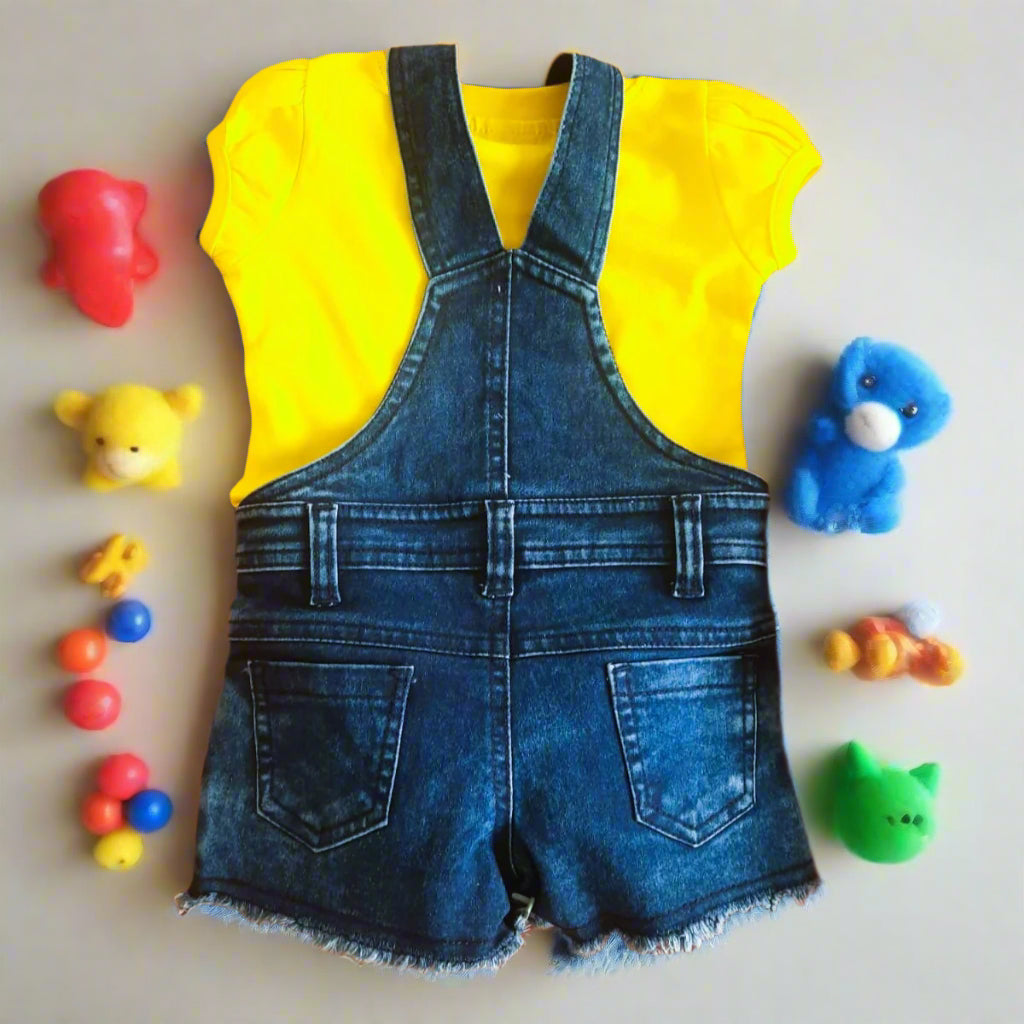 Yellow and Blue Girl's Tweety Denim Dungaree Shorts Set with Yellow Top 2 Piece Overall Set Toddler and Kids - 0-5 years BabyChirp