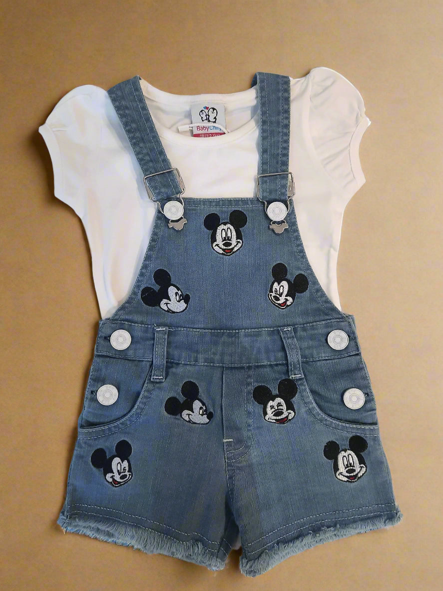 White and Blue Girls Mickey Denim Dungaree Shorts Set with White Cotton Solid T-Shirt Top 2-Piece Set Toddler and Kids Outfit for 1-5 year old girl - BabyChirp 