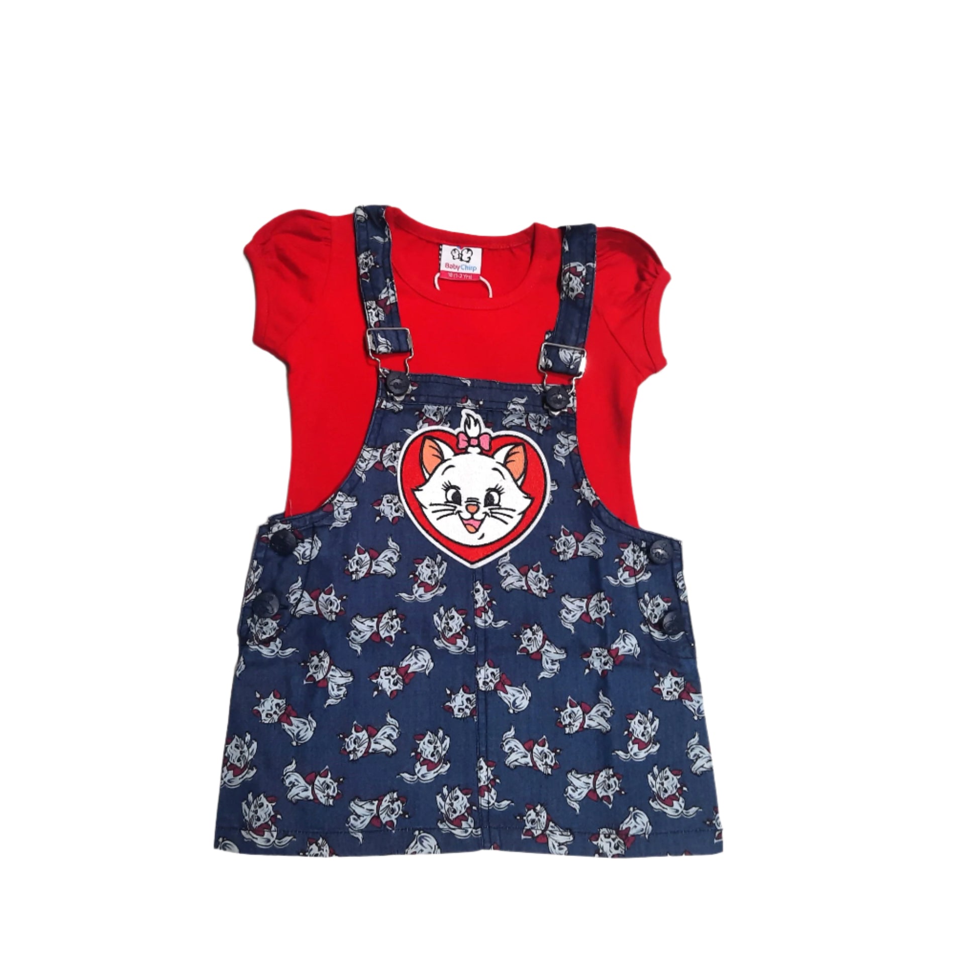 Blue & Red Girl's Kitty Denim Pinafore Dress with Red Top 2 piece Overall Set  for 1-7 year old girl - BabyChirp
