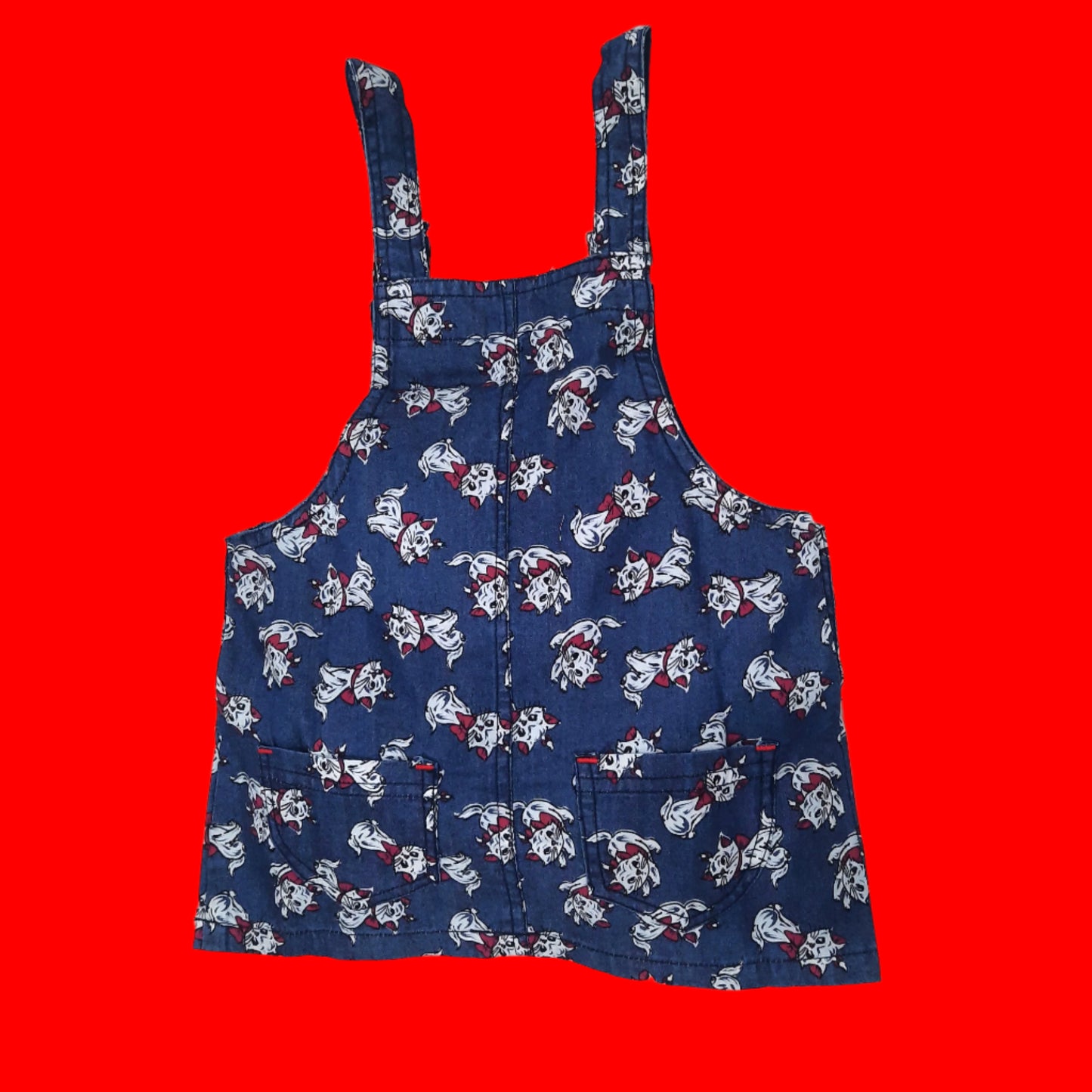 Blue & Red Girl's Kitty Denim Pinafore Dress with Red Top 2 piece Overall Set  for 1-7 year old girl - BabyChirp