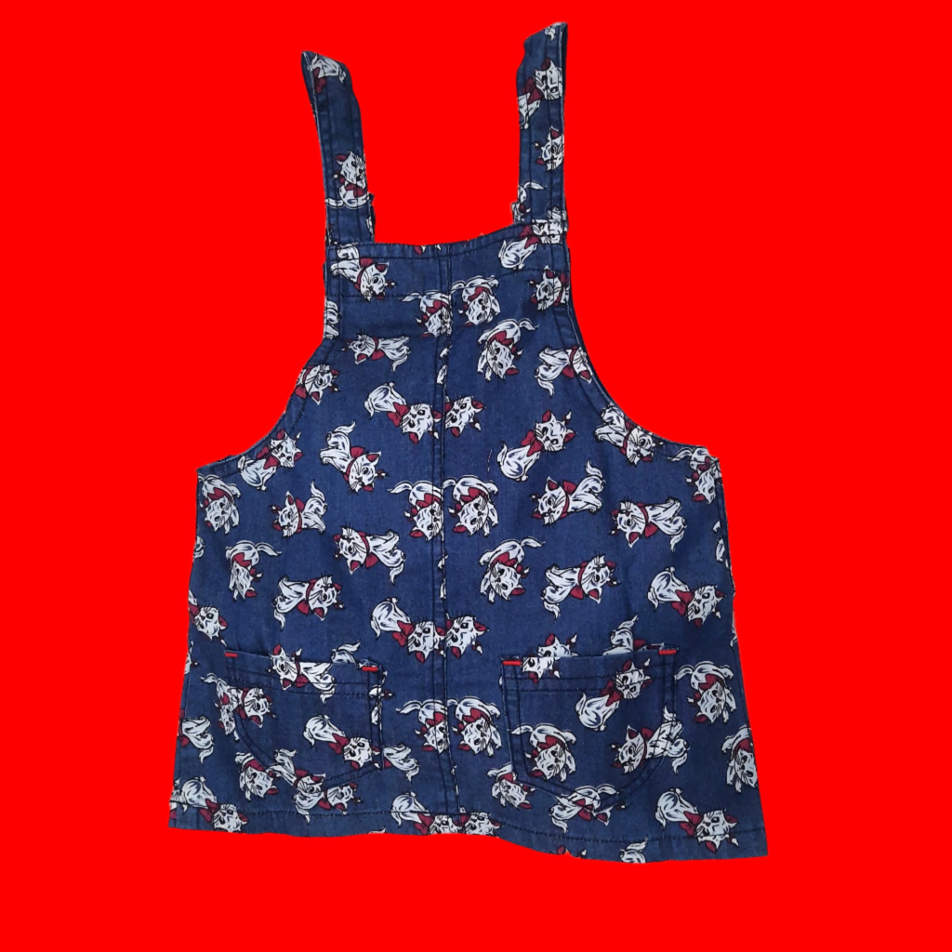 Blue & Red Girl's Kitty Denim Pinafore Dress with Red Top 2 piece Overall Set  for 1-7 year old girl - BabyChirp