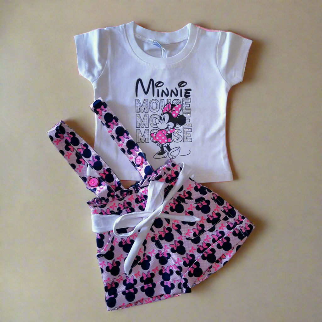 Pink Girl's Minnie Pinafore Dress with White T-shirt 2 Piece Set Overall Set Toddler and Kids for 1-4 year old girl -BabyChirp 