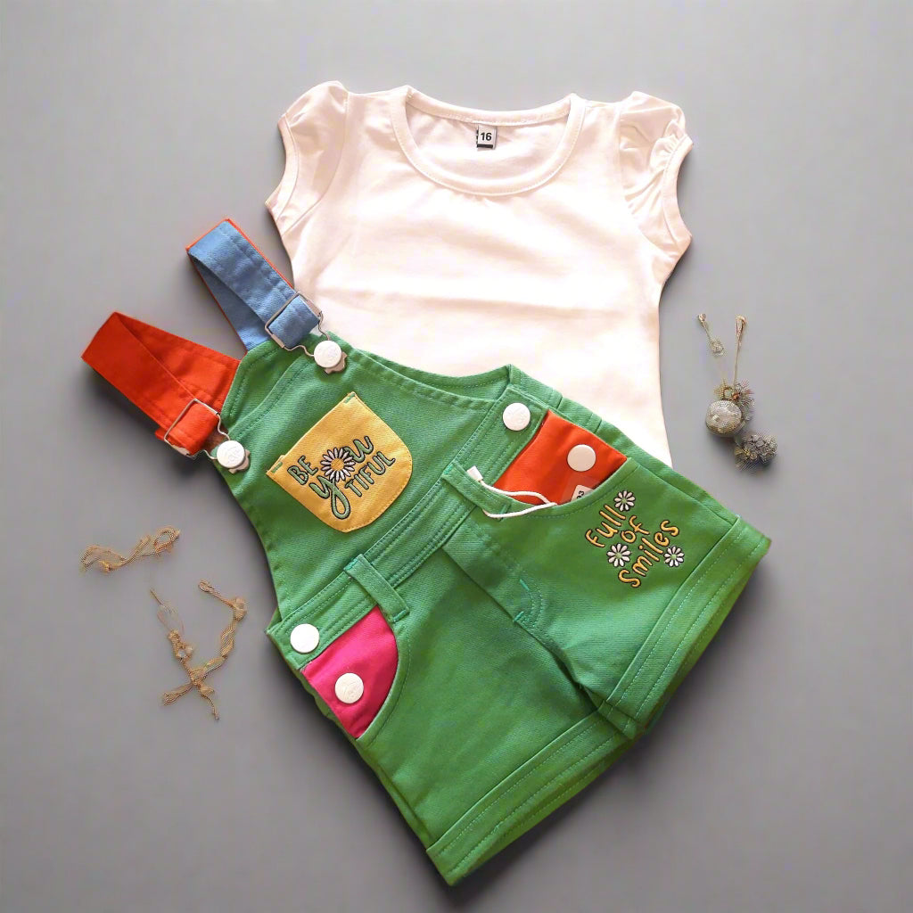Green Girls' Dungaree Shorts Set with White T-Shirt 2-Piece Summer Outfit for 0–5 Year old girl - BabyChirp 
