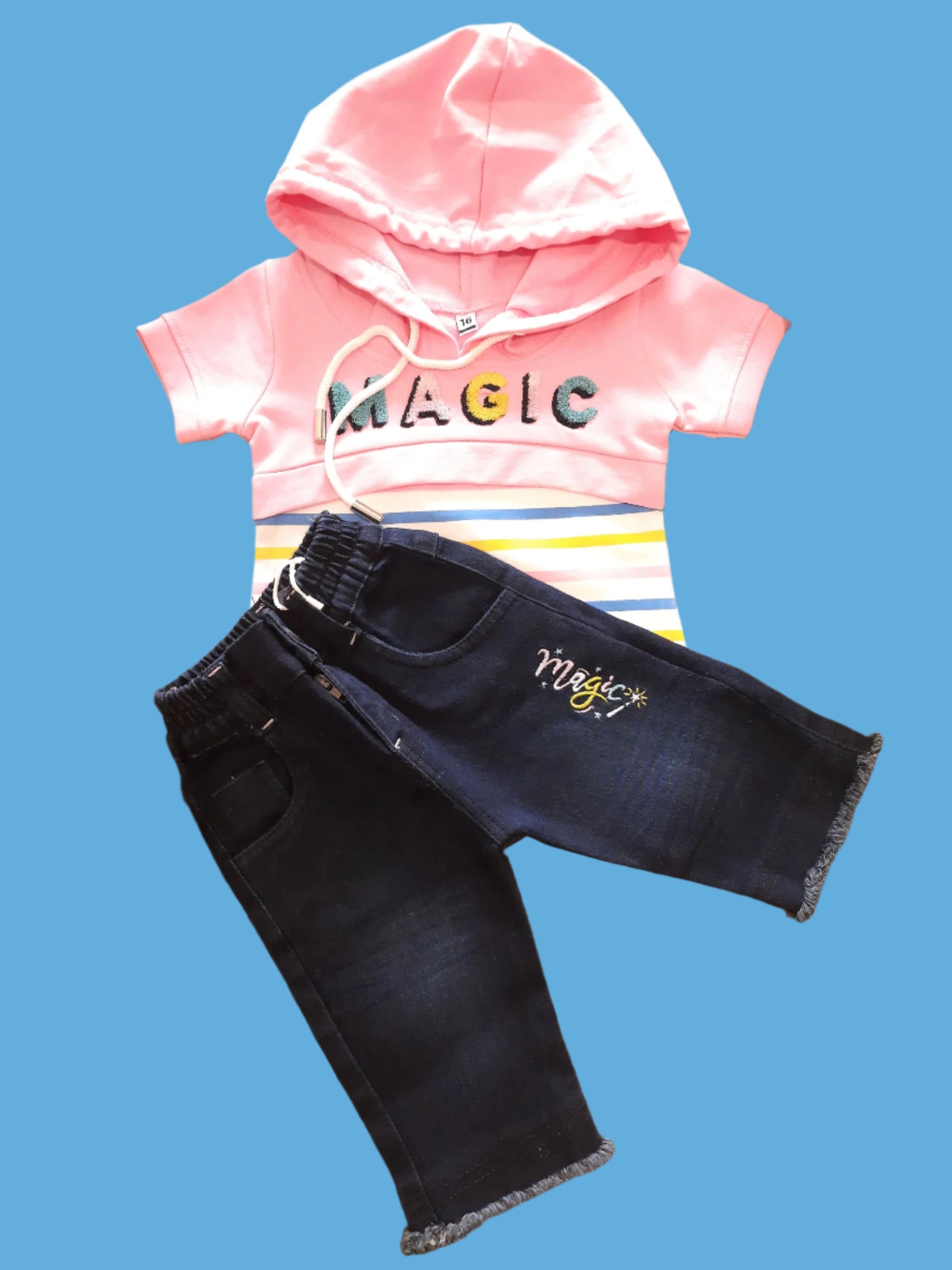 Pink Girl's Magic Cotton Hoodie Top and Denim Jeans Pink & Blue for 1-5 year old girl - BabyChirp 