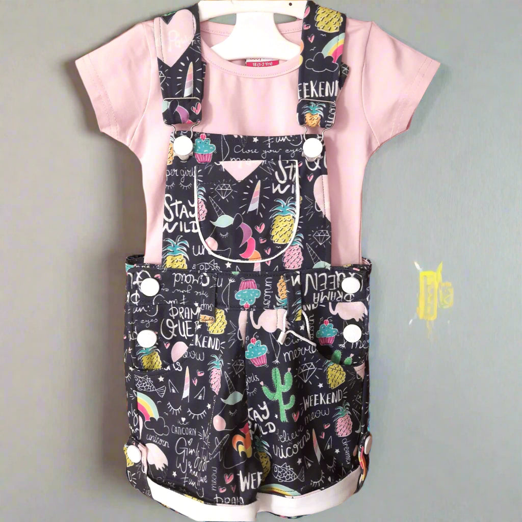 Navy Blue Girls Unicorn Print Cotton Dungaree with Pink Tshirt Blue and Pink for 1-7 year old girl - BabyChirp