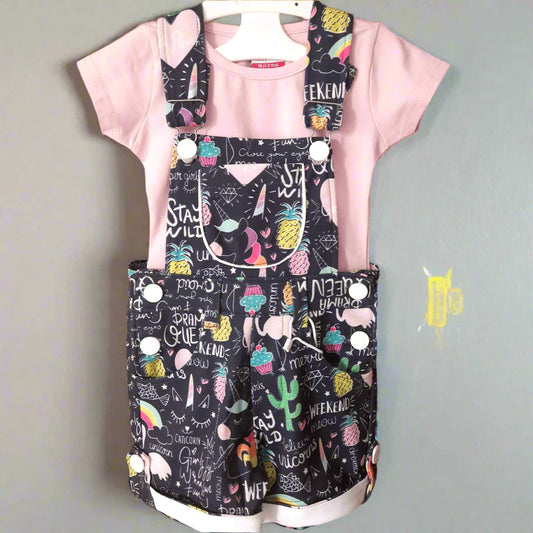 Navy Blue Girls Unicorn Print Cotton Dungaree with Pink Tshirt Blue and Pink for 1-7 year old girl - BabyChirp