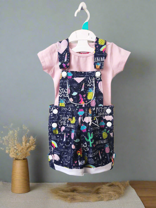 Navy Blue Girls Unicorn Print Cotton Dungaree with Pink Tshirt Blue and Pink for 1-7 year old girl - BabyChirp