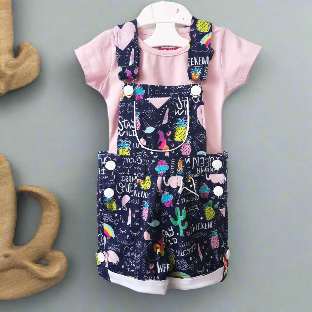 Navy Blue Girls Unicorn Print Cotton Dungaree with Pink Tshirt Blue and Pink for 1-7 year old girl - BabyChirp