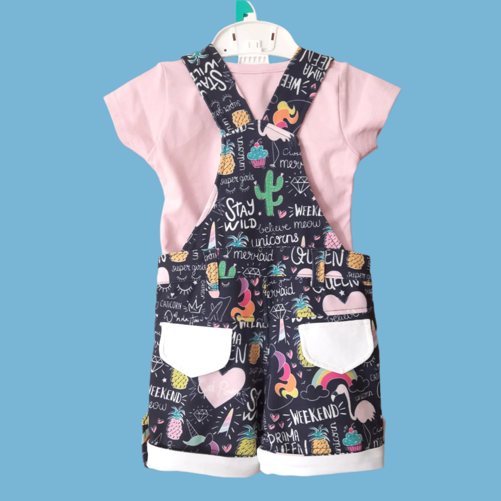 Navy Blue Girls Unicorn Print Cotton Dungaree with Pink Tshirt Blue and Pink for 1-7 year old girl - BabyChirp