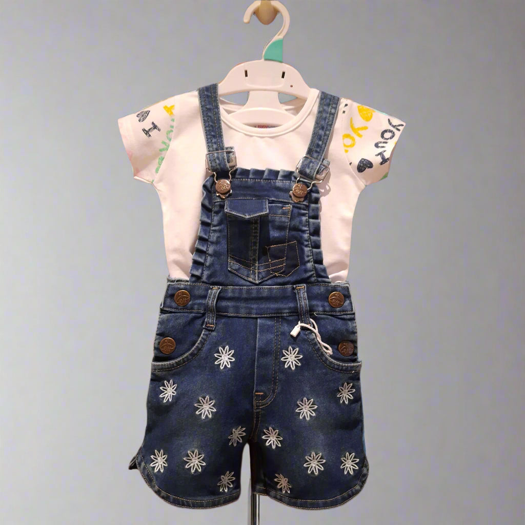 Blue Girls' Denim Dungaree Shorts Set with White Printed T-Shirt 2-Piece Summer Outfit for 1–7 Years old girl - BabyChirp 