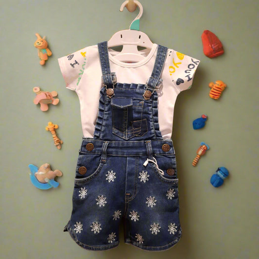Blue Girls' Denim Dungaree Shorts Set with White Printed T-Shirt 2-Piece Summer Outfit for 1–7 Years old girl - BabyChirp 