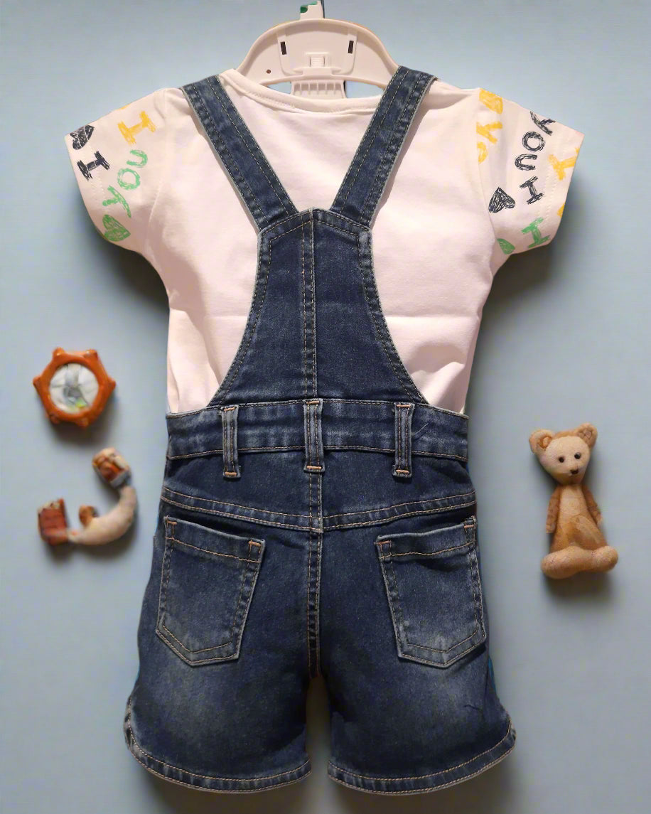 Blue Girls' Denim Dungaree Shorts Set with White Printed T-Shirt 2-Piece Summer Outfit for 1–7 Years old girl - BabyChirp 