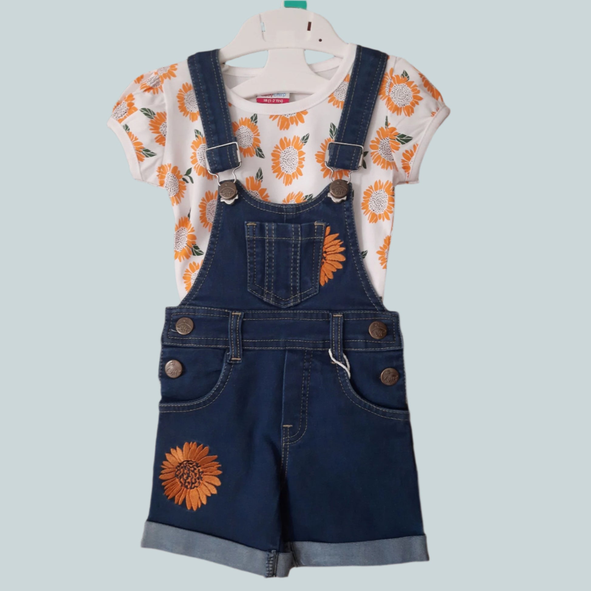Orange & Blue Girls Denim Dungaree Shorts Set with White Flower Printed Top 2-Piece Summer Outfit for 1-6 years old girl - BabyChirp 