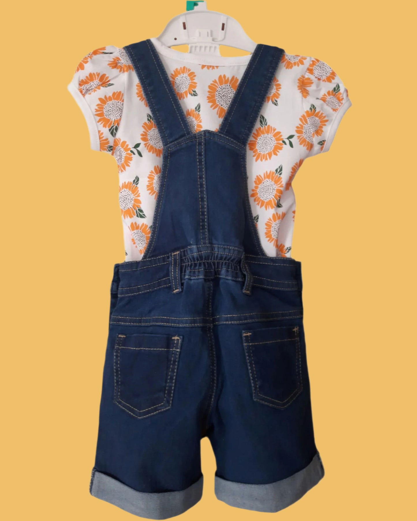Orange & Blue Girls Denim Dungaree Shorts Set with White Flower Printed Top 2-Piece Summer Outfit for 1-6 years old girl - BabyChirp 